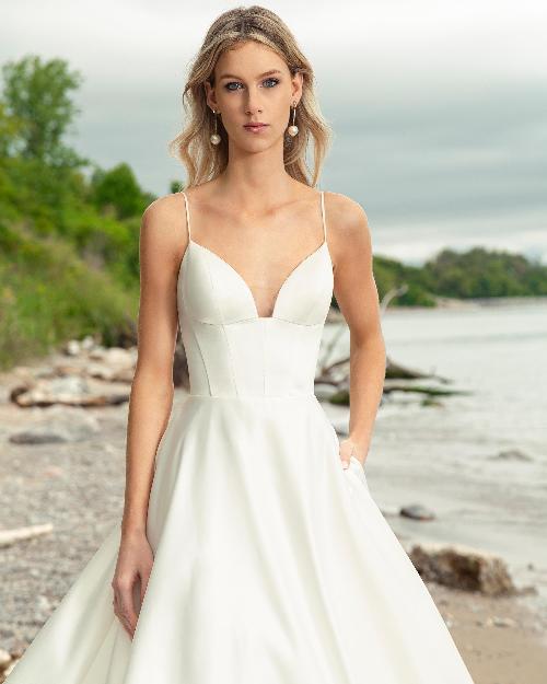 La24130 classic satin a line wedding gown with spaghetti straps and pockets1